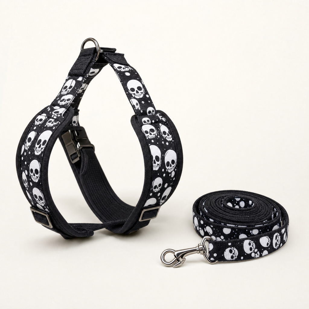 Adjustable Harness and Leash Set — Skull Print