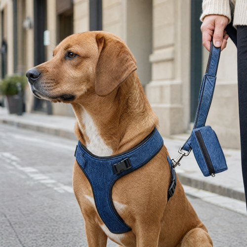 Denim Harness, Leash and Waste Bag Holder Set