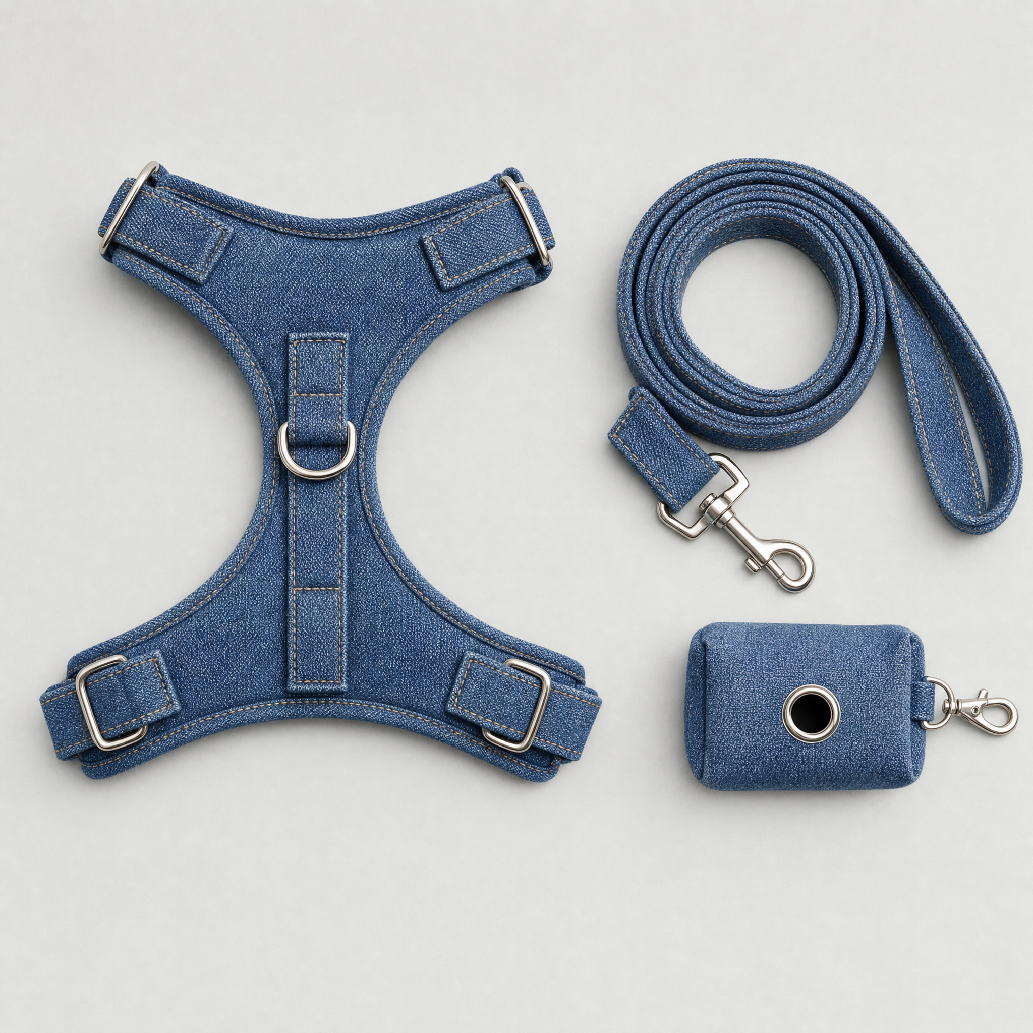 Denim Harness, Leash and Waste Bag Holder Set